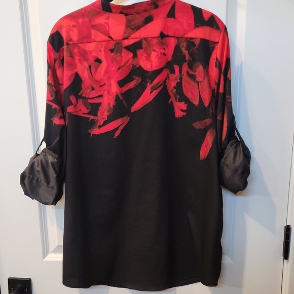 Womens Calvin Klein Red and Black 3/4 Sleeve Blouse with Mandarin Collar S8ze Lg - Picture 6 of 6